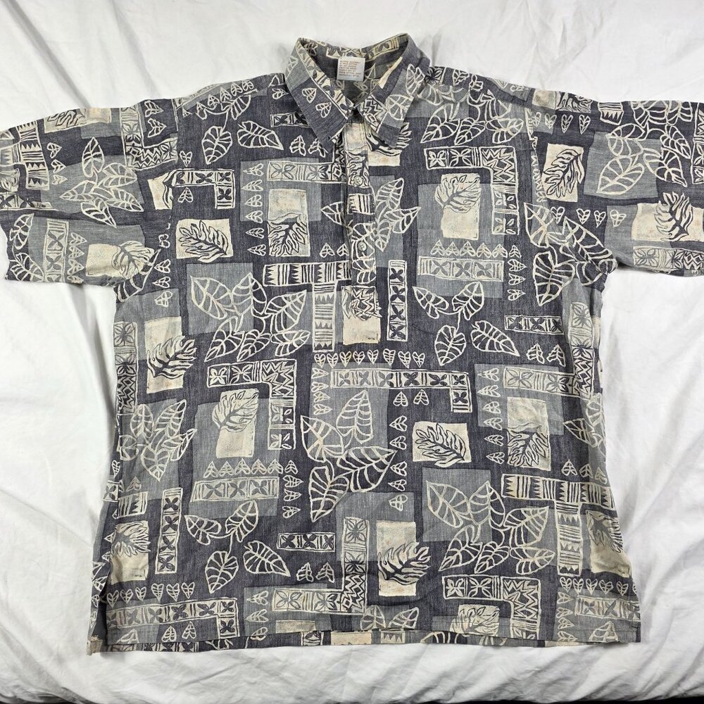 Vintage Go Barefoot Mens Size XL Gray Shirt Tropical Tapa Reverse Print Hawaiian